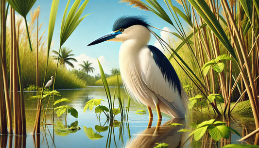A Capped Heron in its natural habitat. The heron is medium-sized with a striking blue bill, a black cap, and a white to pale yellow body. It is standing in shallow water surrounded by reeds and lush green vegetation.