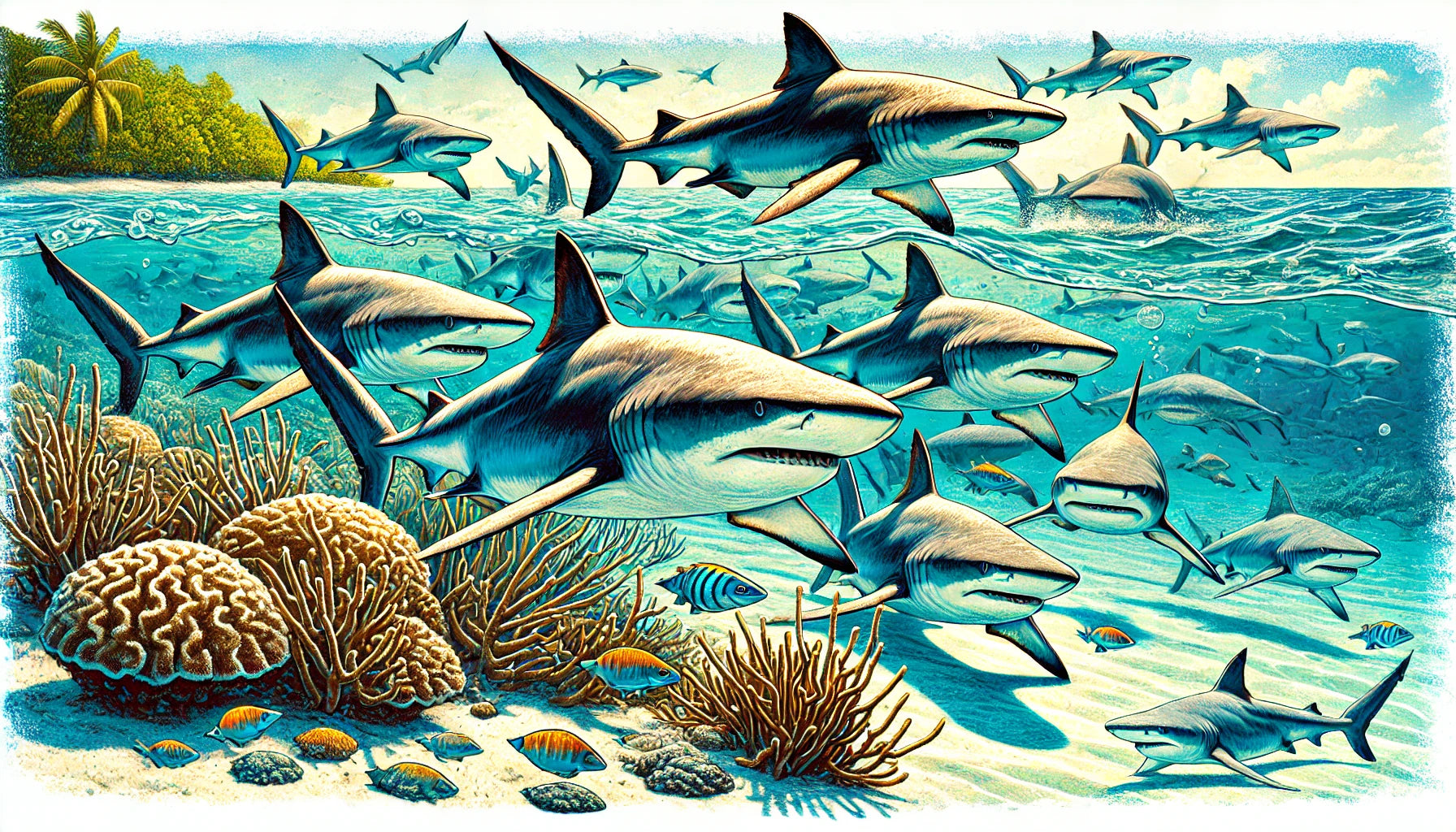 Illustration of several bull sharks swimming in shallow coastal waters, showcasing their muscular bodies and broad, flat snouts.