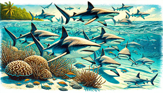 Illustration of several bull sharks swimming in shallow coastal waters, showcasing their muscular bodies and broad, flat snouts.