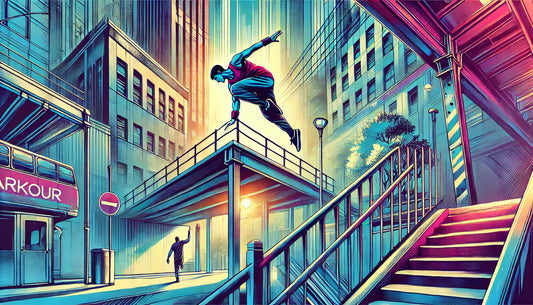 A vibrant and dynamic illustration of a parkour athlete navigating an urban environment, showcasing the thrill and creativity of parkour.