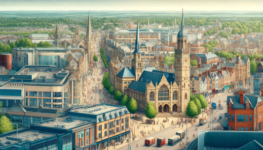 Detailed view of Northampton, UK, showcasing its historic market square, modern shopping centers, and iconic landmarks like the Northampton Guildhall and All Saints’ Church.