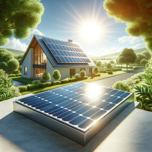 Photovoltaic cells on a rooftop solar panel of a modern house, brightly illuminated by sunlight, with green trees and a clear blue sky in the background, emphasizing clean and renewable energy.