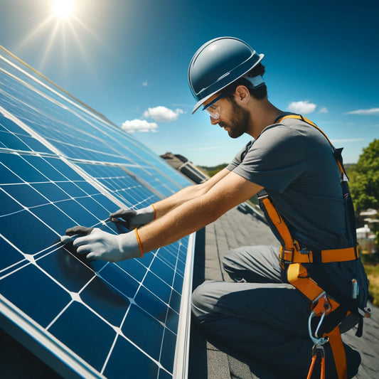 Person wearing safety gear, including a hard hat and harness, installing solar panels on a rooftop under a clear blue sky with greenery in the background, emphasizing the eco-friendly and professional nature of the work.