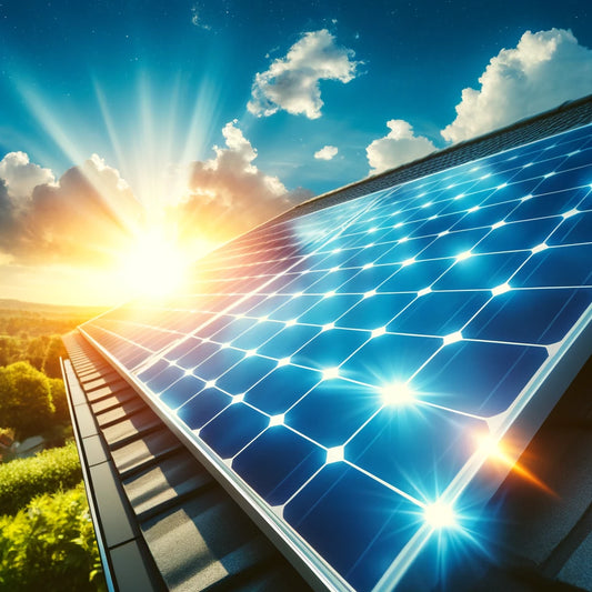 Solar panels on a rooftop gleaming under bright sunlight, with sun rays visibly striking the panels, set against a clear blue sky and lush greenery, highlighting clean and renewable energy benefits.