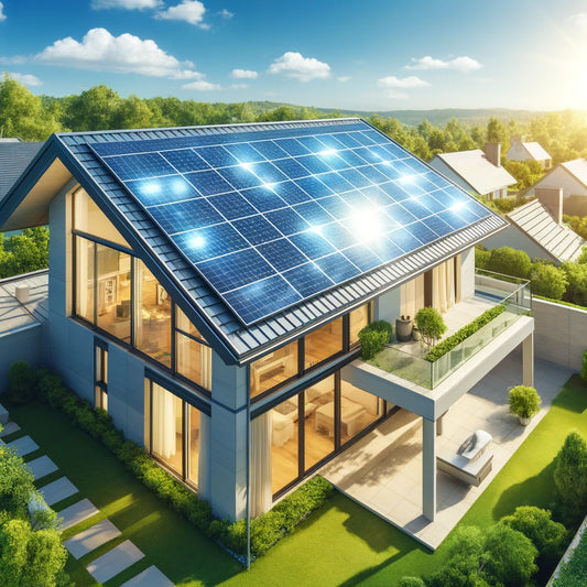 Solar power system installed on a modern house rooftop, gleaming under bright sunlight with a lush green garden and clear blue sky in the background, highlighting clean energy integration and sustainability.