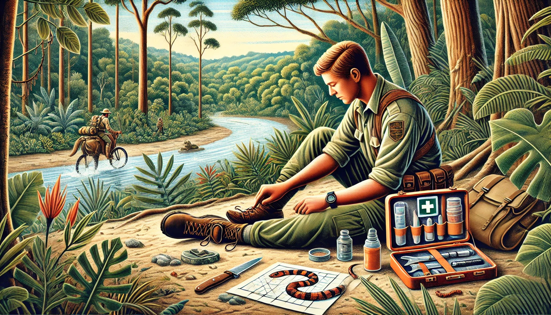 detailed scene of a person administering first aid for a snake bite in a wilderness setting. The image captures the urgency and importance of knowing how to treat snake bites in the wild. Enjoy!