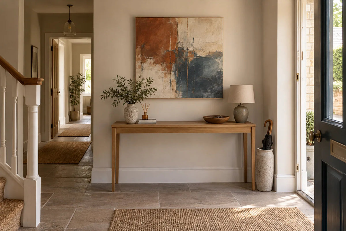 Abstract canvas in rust, slate blue and cream above a slim oak console in a welcoming home entryway