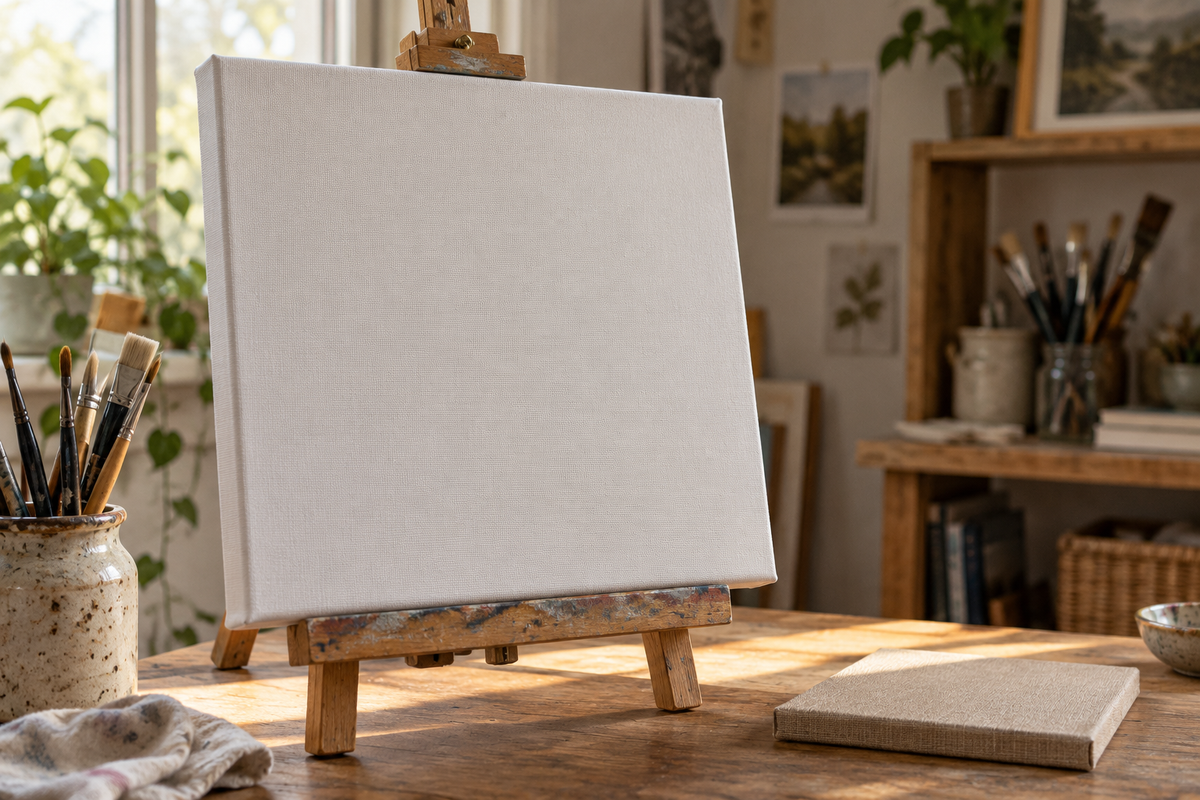 AI-generated editorial illustration of a blank acrylic-primed cotton canvas on a tabletop easel in a sunlit studio, with a linen sample and brushes nearby.