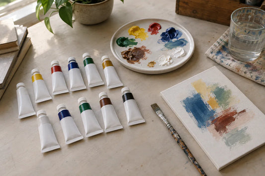 Illustration of a generic acrylic paint workspace with plain tubes, a mixing palette and a small colour-swatch board.