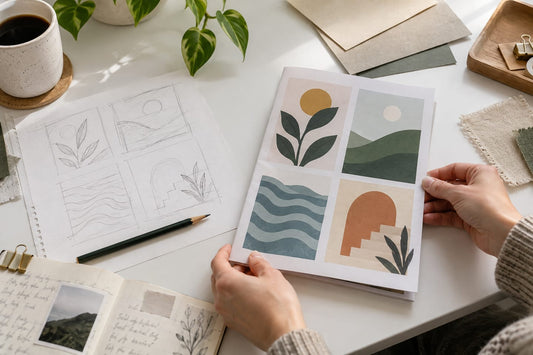 A maker holds a finished illustrated guide beside its original sketch and project notes.