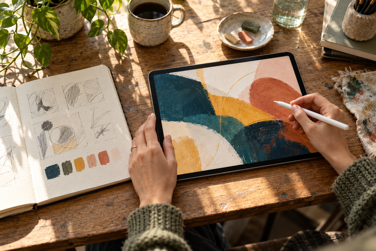 A creator reviews an abstract digital composition on a tablet beside a sketchbook and colour swatches.