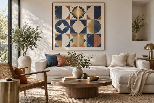 A framed contemporary geometric print in indigo, ivory and terracotta above a light sofa.