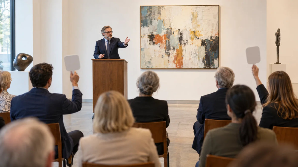 Illustrative auction scene in a bright contemporary gallery, with a speaker at a lectern and attendees holding plain bidding paddles.