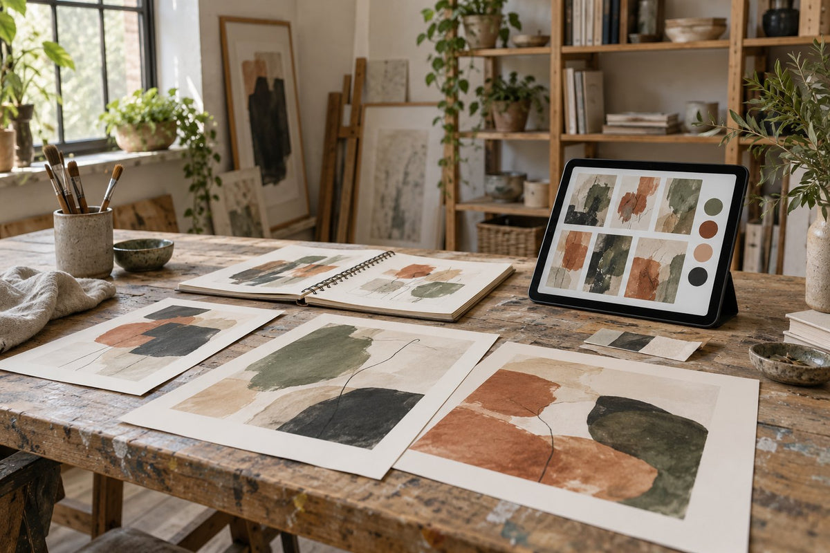 Original art prints, sketchbook and tablet arranged in a light-filled artist’s studio.