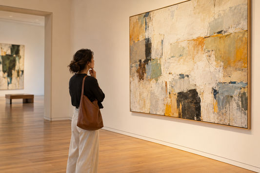 A gallery visitor studies an abstract painting in warm, natural light.