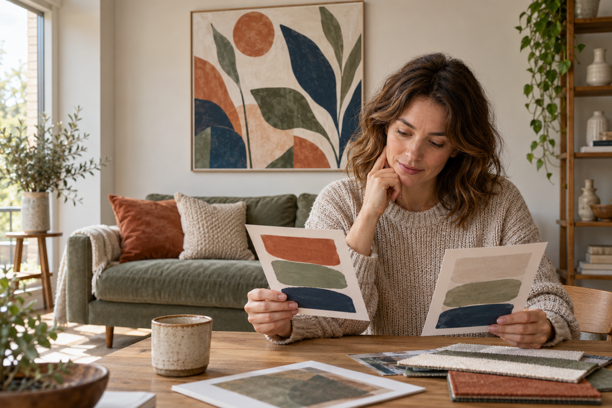 A shopper compares abstract art print samples in a calm living room.