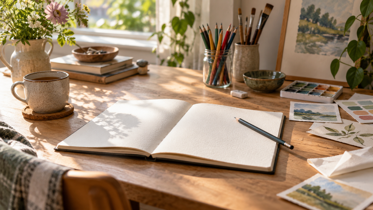 A sunlit desk with an open sketchbook, coloured pencils and small paint studies