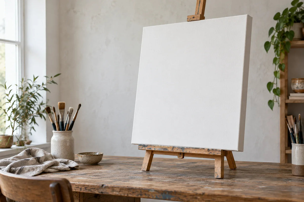 Generic blank deep-edge canvas on a wooden easel in a daylight studio