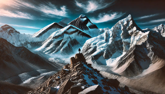 A stunning view of Mount Everest featuring its snow-capped peak under a clear blue sky. The foreground includes the rugged terrain of the Himalayas, with a climber making their ascent.