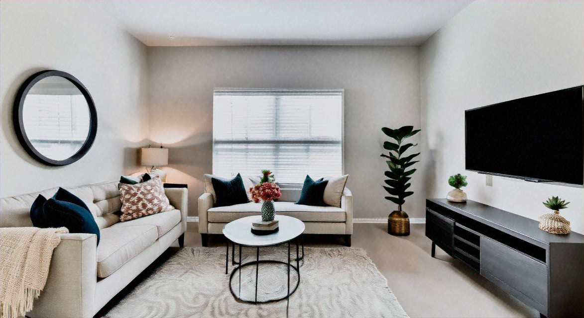 Cozy living room with beige upholstered sofas, blue and patterned cushions, a round coffee table, wall TV, and potted plants.