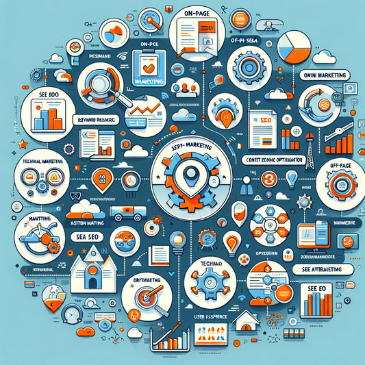 Infographic showcasing SEO marketing strategies with elements like keyword research, on-page SEO, off-page SEO and technical SEO