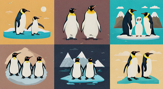 A collage of illustrations featuring different penguin species in various poses and environments. 