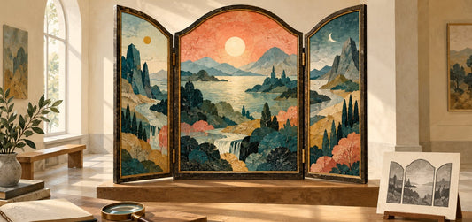 Original gallery study showing an open three-panel landscape triptych; this is not Bosch’s painting.