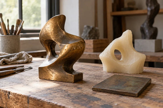 Abstract bronze sculpture and wax maquette on a studio workbench.