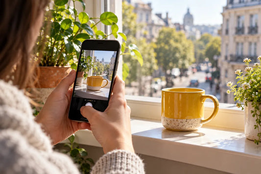 A person photographs a yellow ceramic mug beside a window with an unbranded smartphone.
