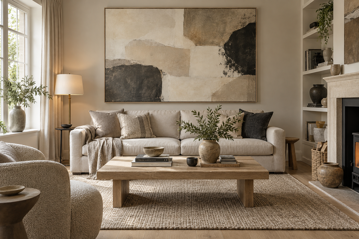 Illustrative living room with a soft-neutral abstract canvas above a pale sofa and oak coffee table.