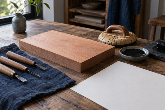 An original printmaking workspace with a blank woodblock, carving tools, paper and a hand-printing baren.