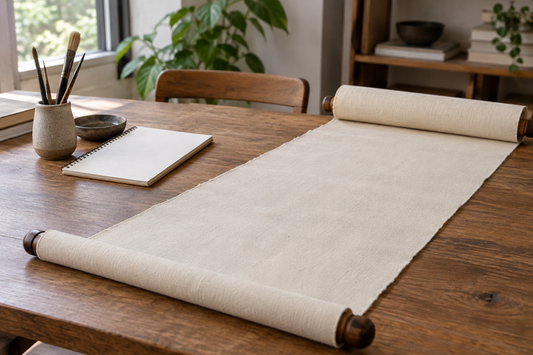 An unpainted cotton scroll unrolled beside a notebook and brushes, with no traditional motifs.