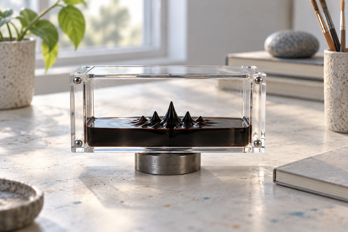 Conceptual sealed display cell with dark radial peaks and a cylinder positioned beneath the cell.