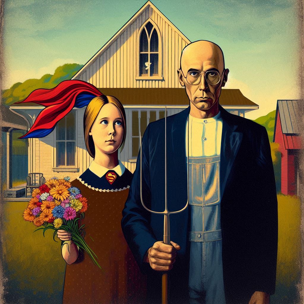A detailed painting inspired by "American Gothic" by Grant Wood, featuring a stern-looking farmer holding a pitchfork and his daughter standing beside him, holding a bouquet of flowers.