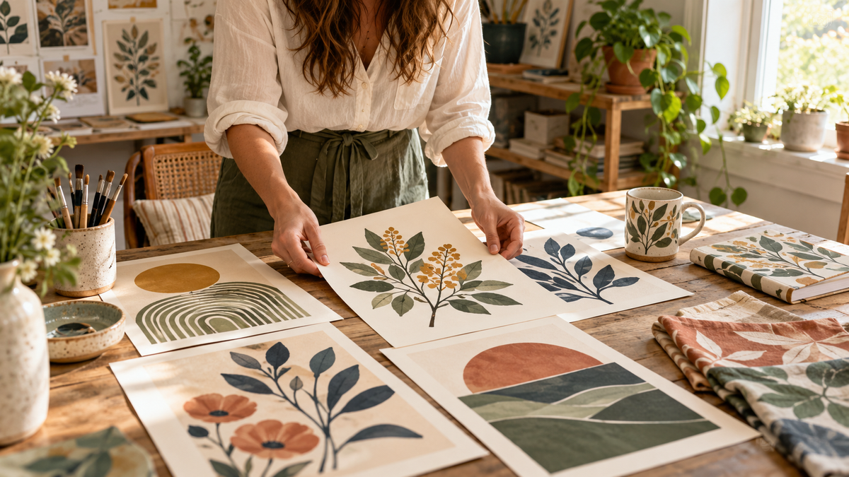 An artist arranges botanical and geometric prints beside a notebook and fabric samples in a bright studio.