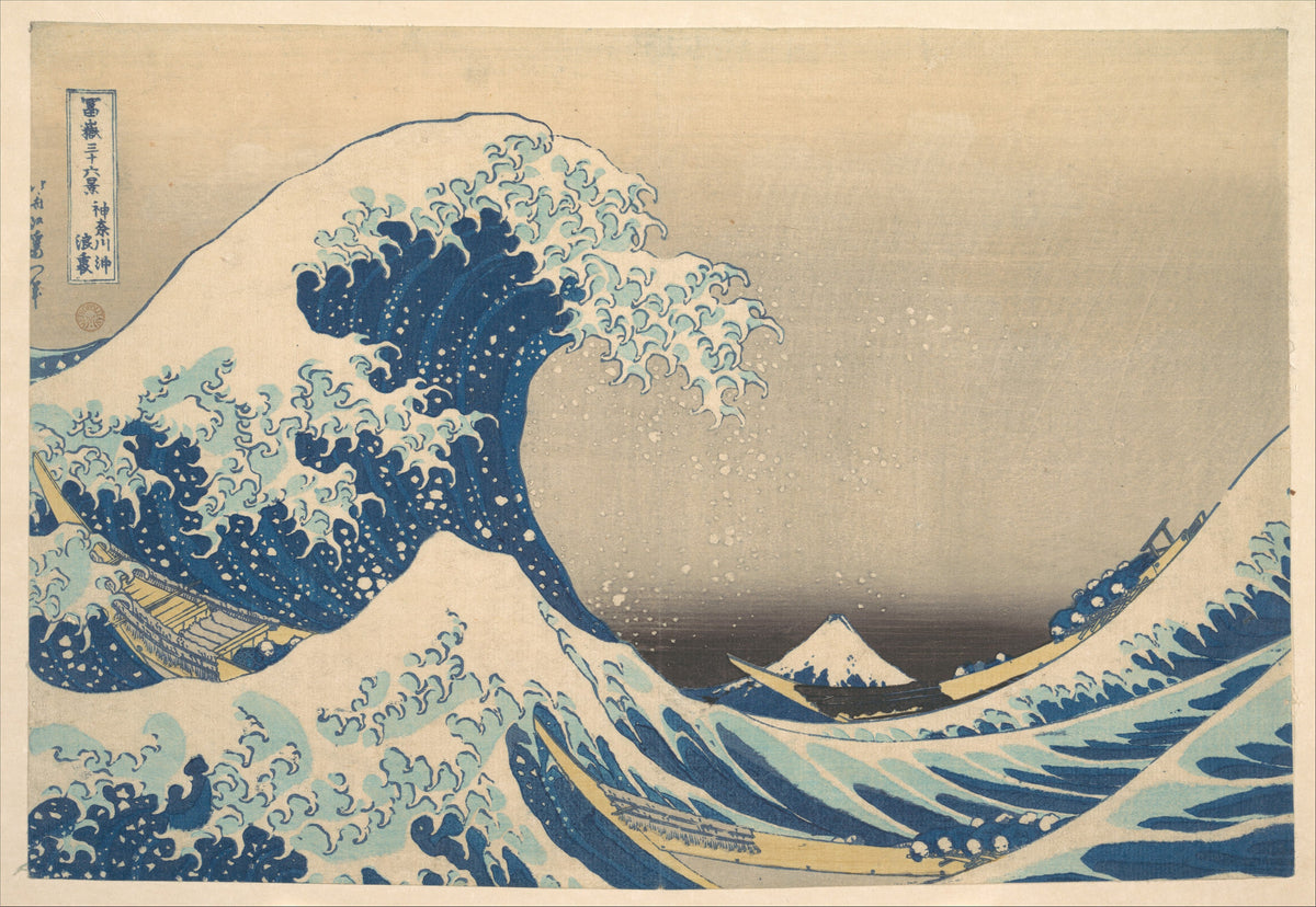 Katsushika Hokusai’s Great Wave, with Mount Fuji framed inside the curl of the wave.