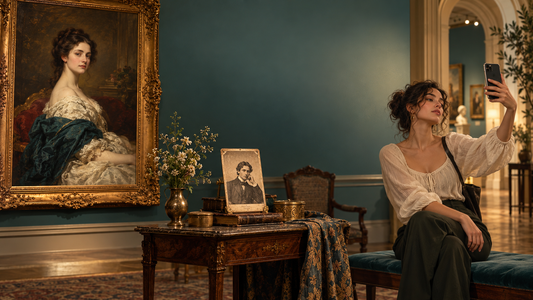 Original editorial illustration showing a painted portrait, an antique-style photographic portrait and a visitor making a phone selfie in a gallery.