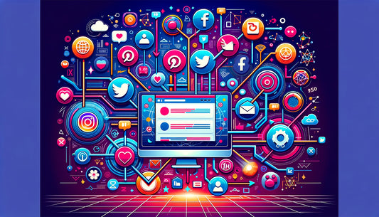 Illustration of social media marketing with multiple social media icons, including Facebook, Instagram, Twitter, LinkedIn, and Pinterest, interconnected with lines and arrows.