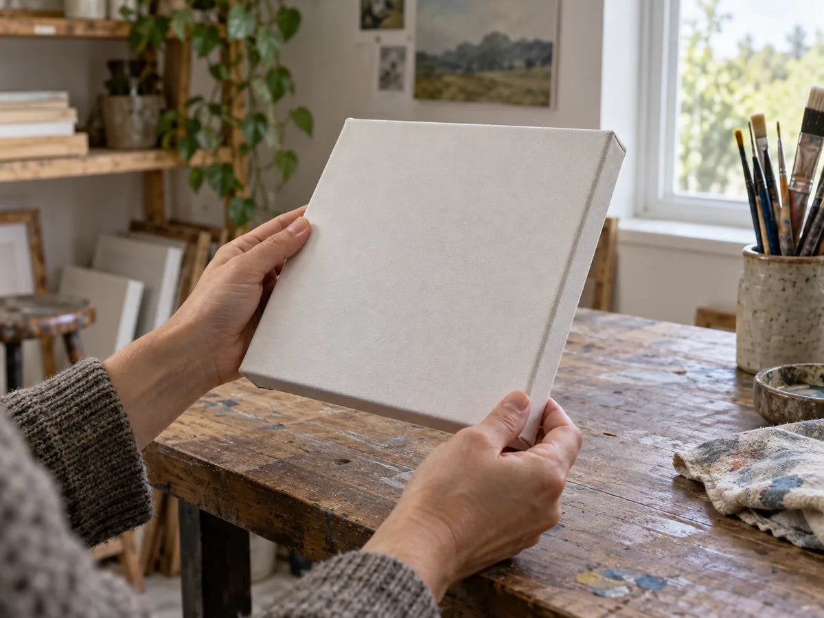 AI-generated illustration of an artist inspecting the corners of a generic stretched canvas; not the ARTdiscount product.