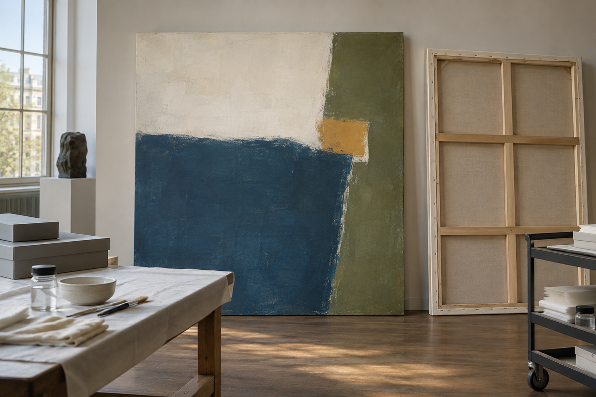 Original abstract canvas beside the exposed wooden stretcher of a second canvas in an art studio