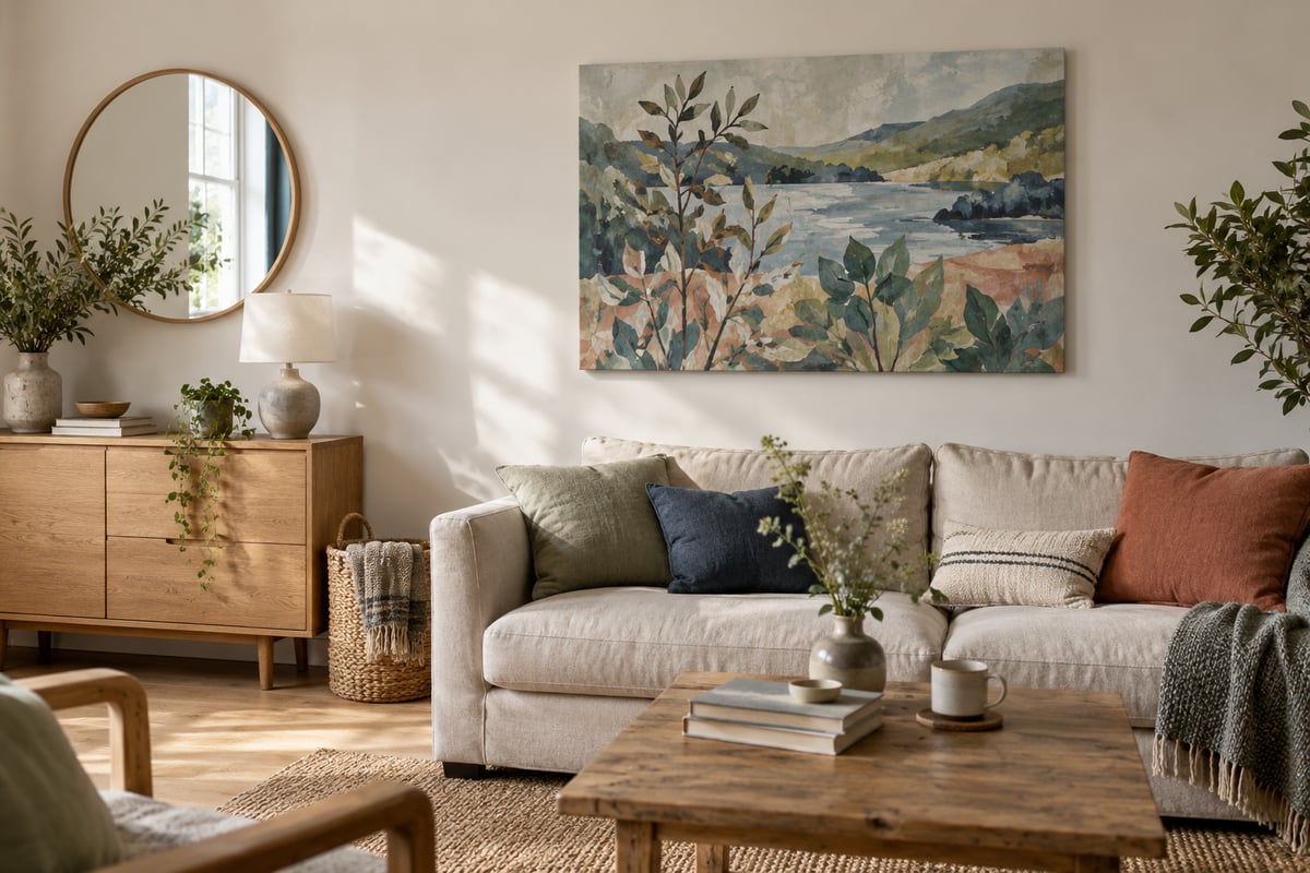 AI-generated editorial room illustration of a canvas print above a sofa; no Canvas4Everyone product is shown.