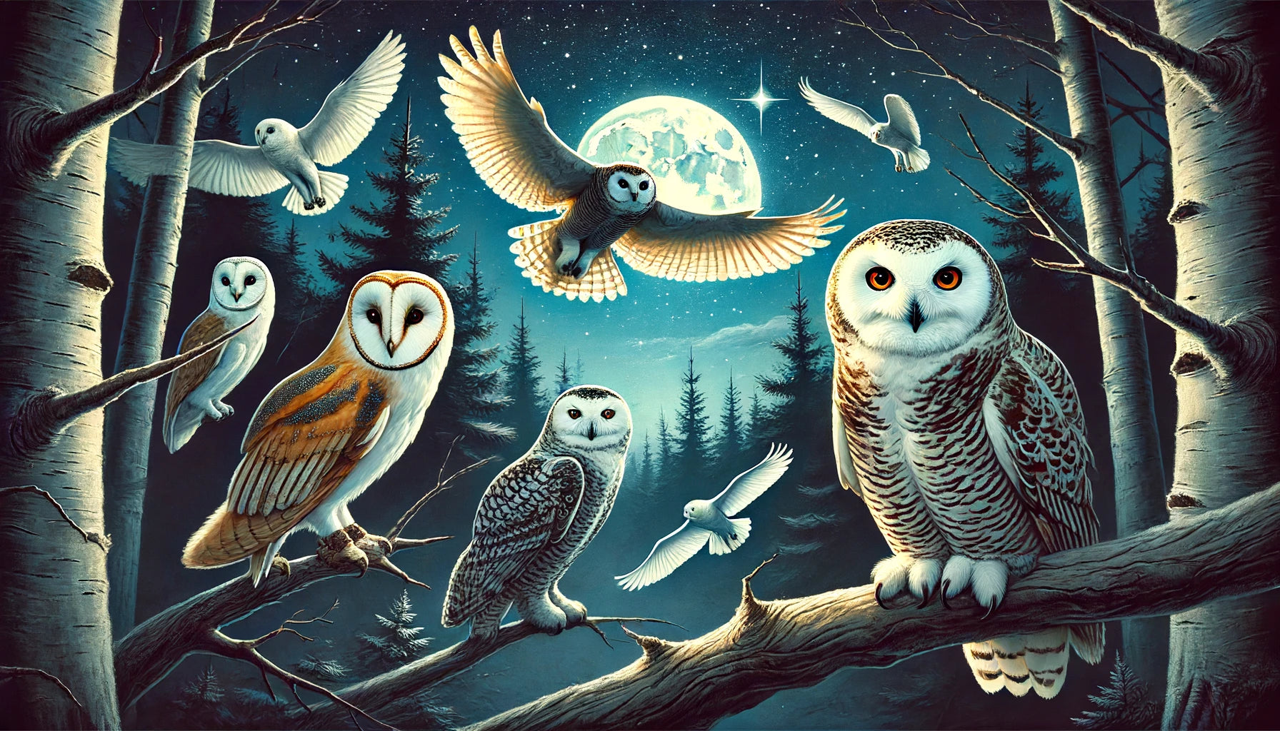 a captivating nighttime scene featuring various owl species under a starry sky with a full moon. Enjoy the serene and mystical atmosphere, capturing the enigmatic presence of these nocturnal guardians of the night!
