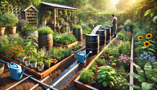  a garden with water barrels installed, showcasing a lush and well-maintained space.