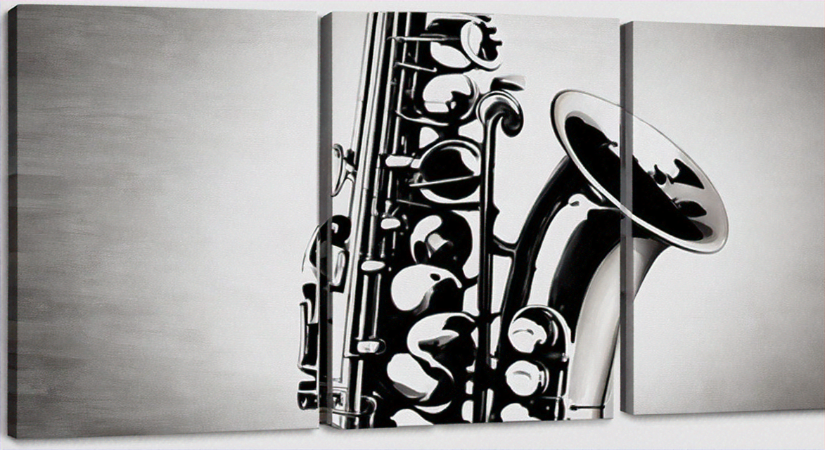 Triptych canvas in black and white showing a close-up of a saxophone with detailed keys.
