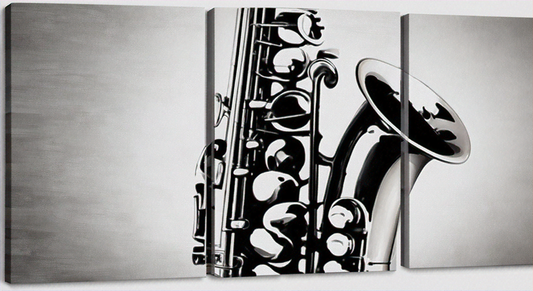 Triptych canvas in black and white showing a close-up of a saxophone with detailed keys.