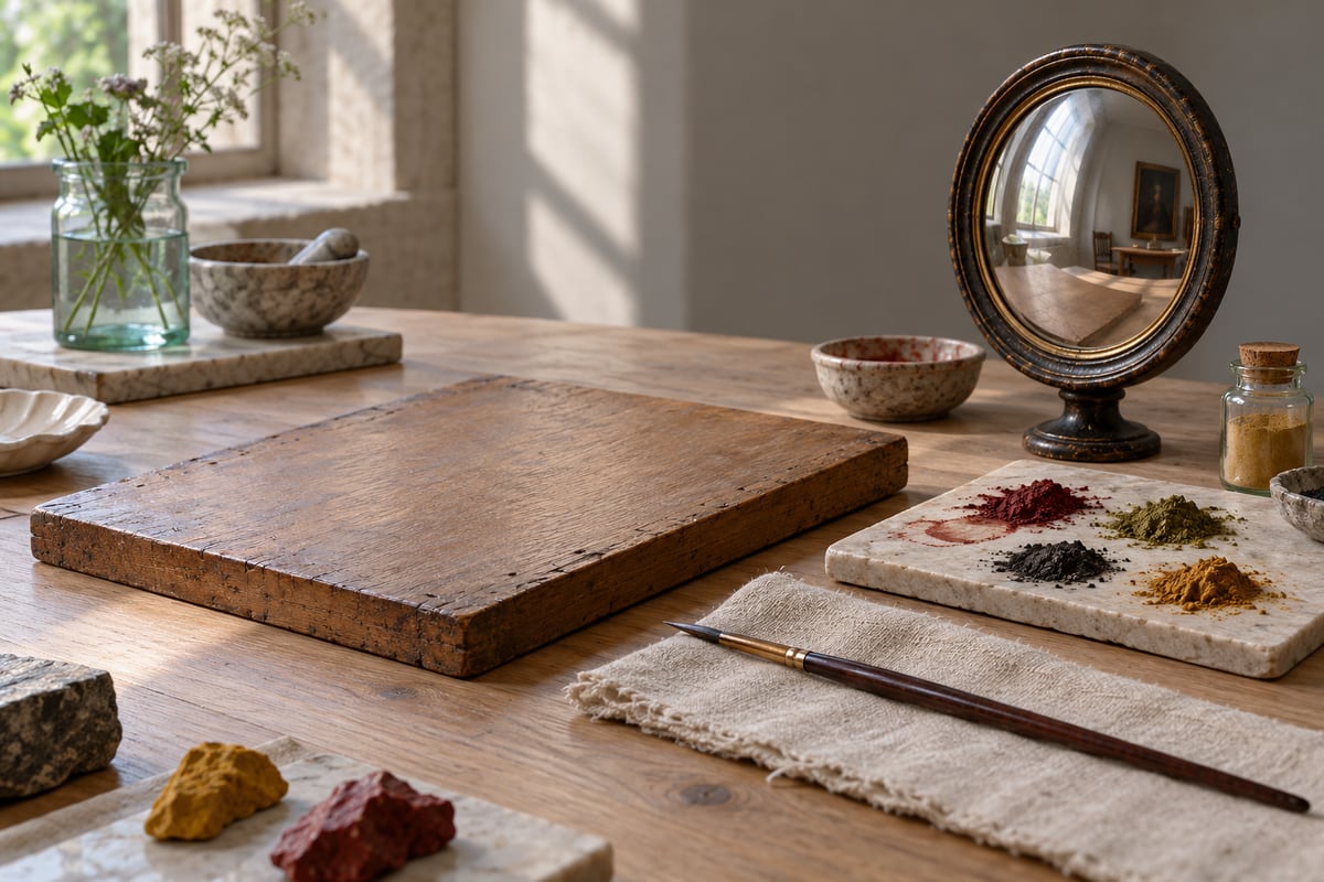 Still life of an oak panel, brushes, pigment swatches and a convex mirror on an art worktable.