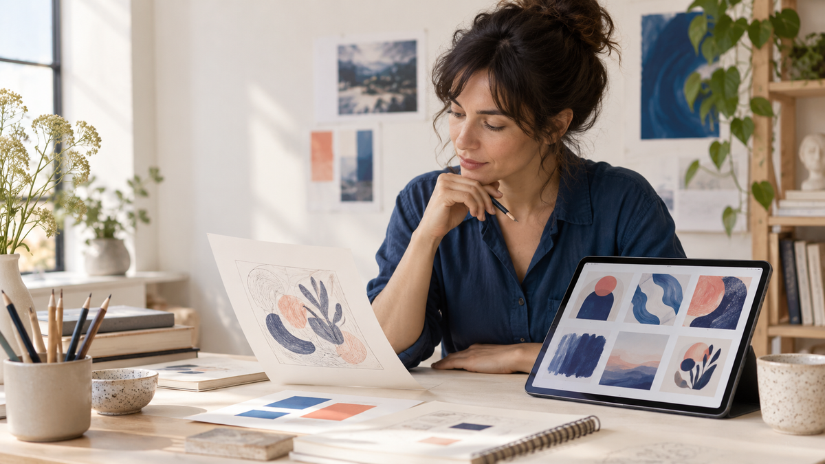 An artist compares a hand-drawn sketch with abstract visual studies on a tablet in a bright studio.