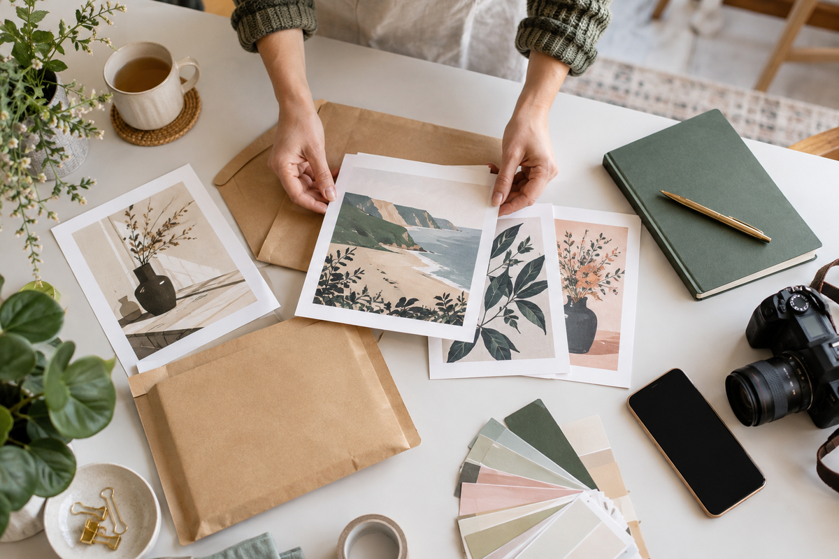 Hands arranging original art prints beside a kraft envelope and notebook on a creative studio table
