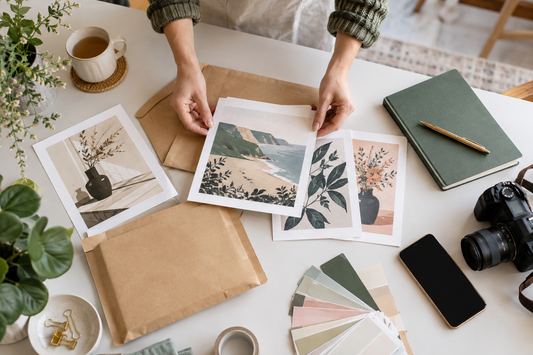 Hands arranging original art prints beside a kraft envelope and notebook on a creative studio table