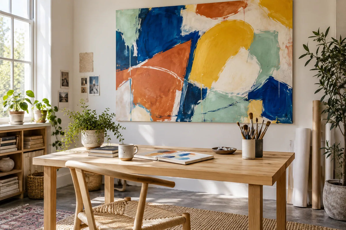 Colourful abstract canvas in a bright creative studio above an oak worktable with brushes and sketchbooks